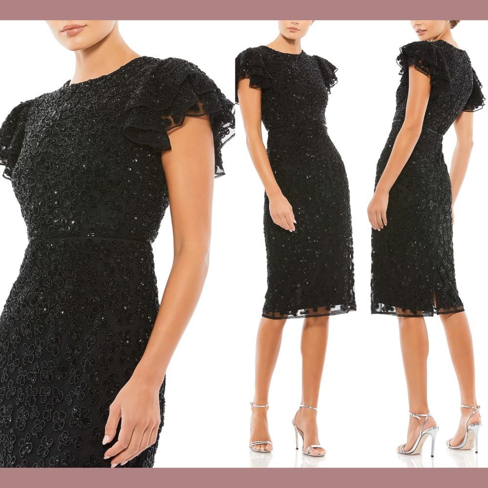 NEW $498 Mac Duggal [ 10 ] Beaded Ruffle Sleeve Midi Cocktail Dress‎ Black